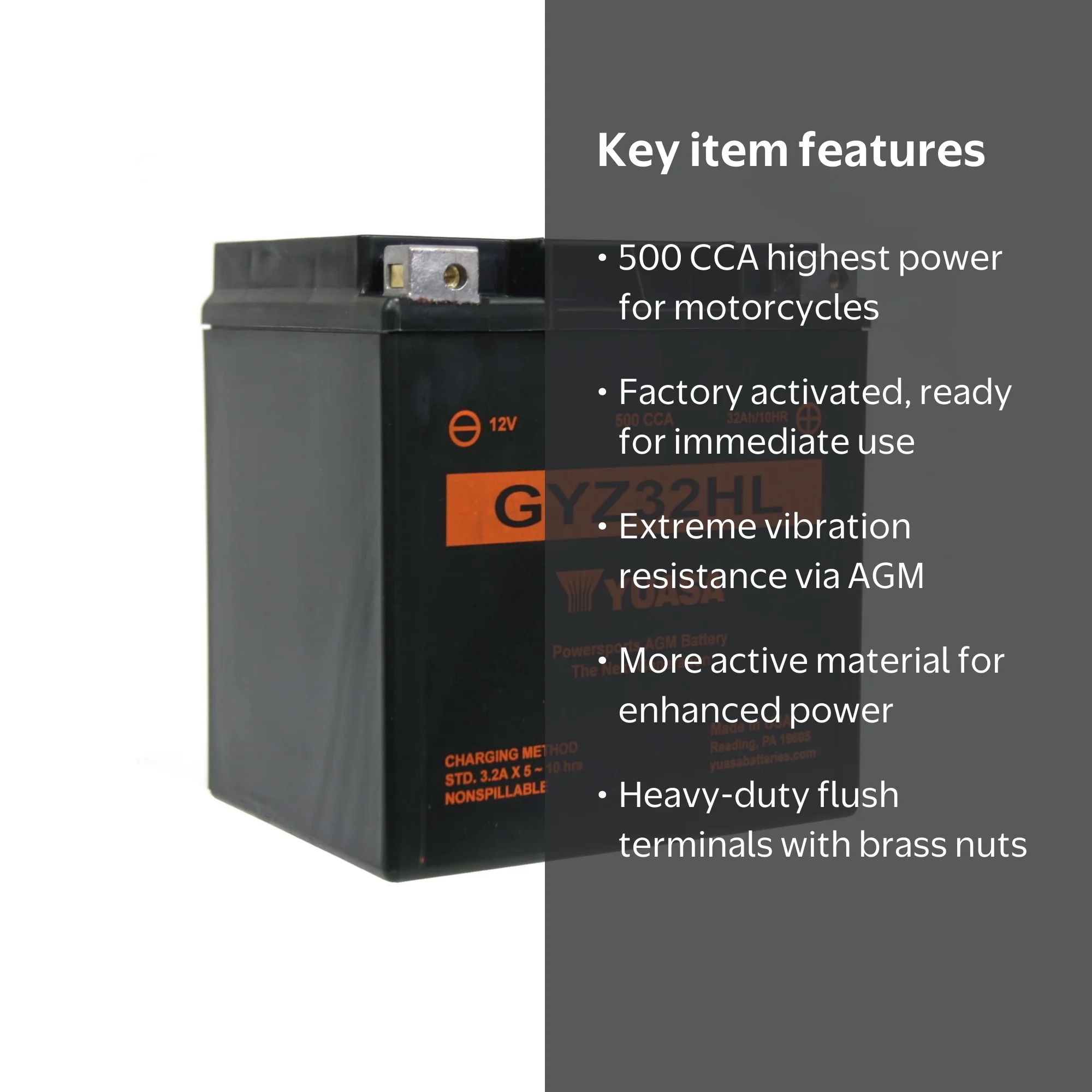 Yuasa GYZ32HL AGM Sealed Automotive Battery, 12 Volt, 500 CCA, Top
