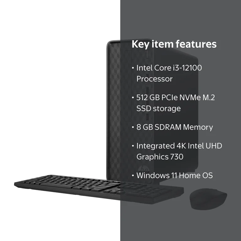HP Slim Desktop PC, Intel Core i3-12100, 8GB RAM, 512GB SSD, Dark