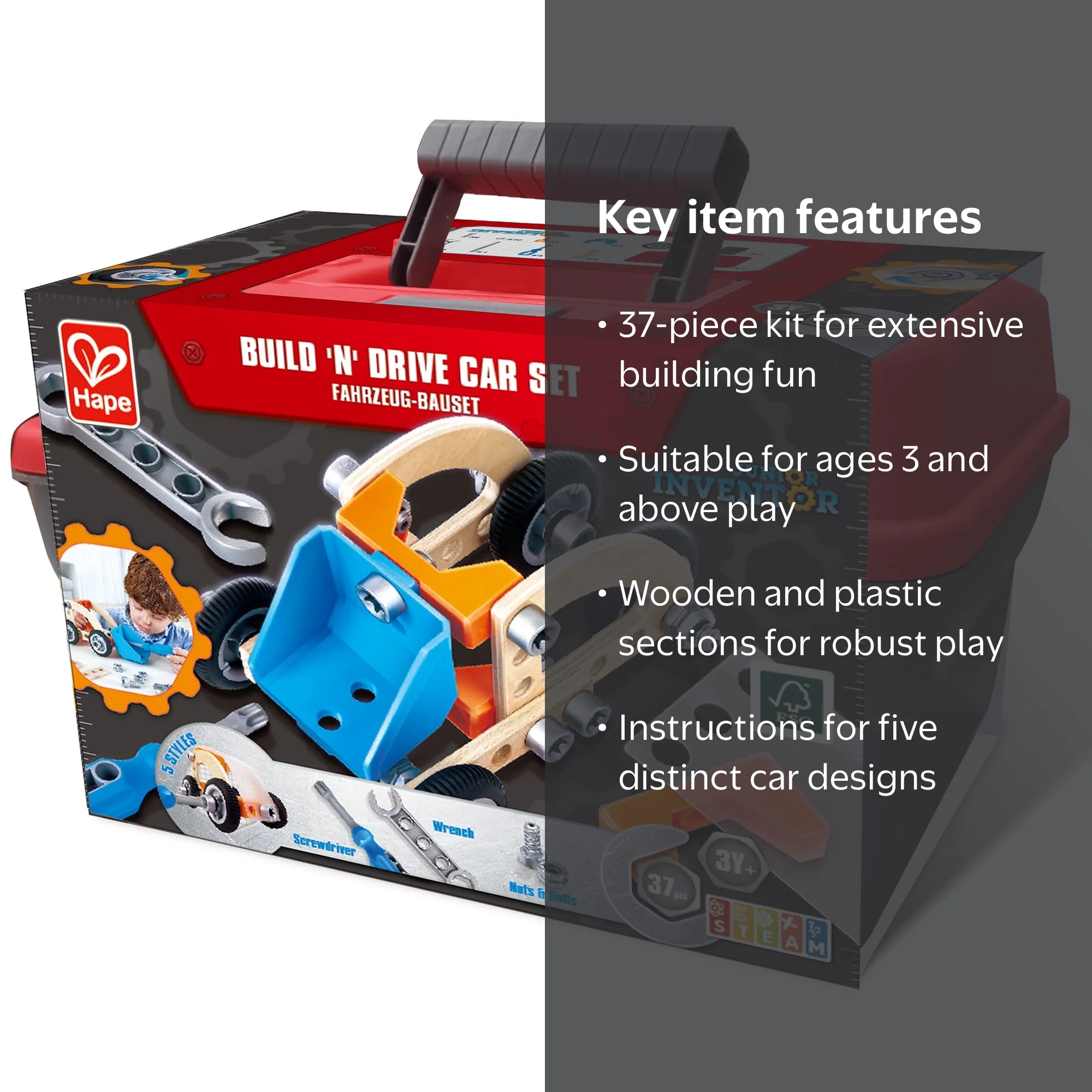 Hape: Junior Inventor: Build 'N' Drive Car Set - 37pcs, Vehicle