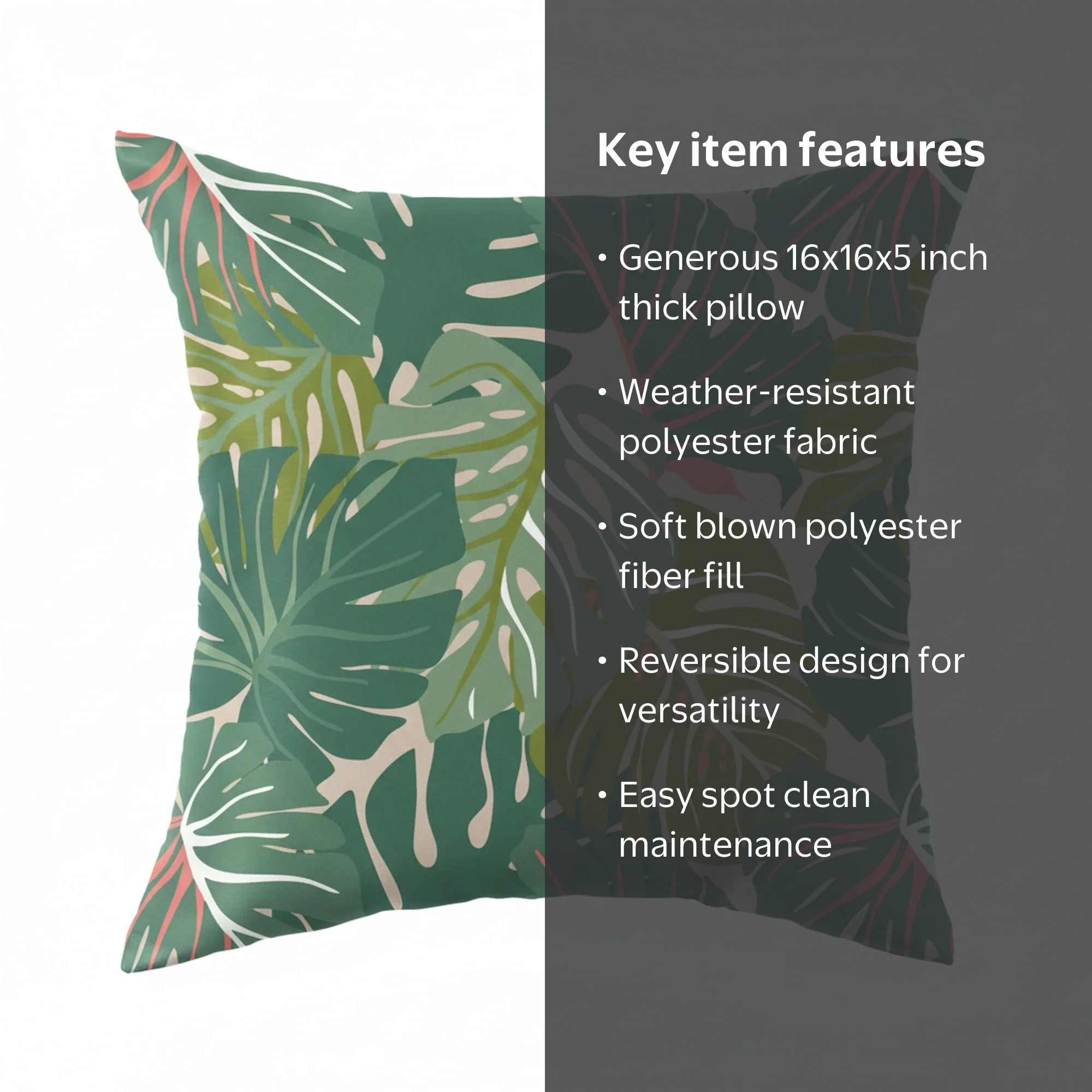 Mainstays 16 in x 16 in Tropical Monstera Outdoor Pillow, Green