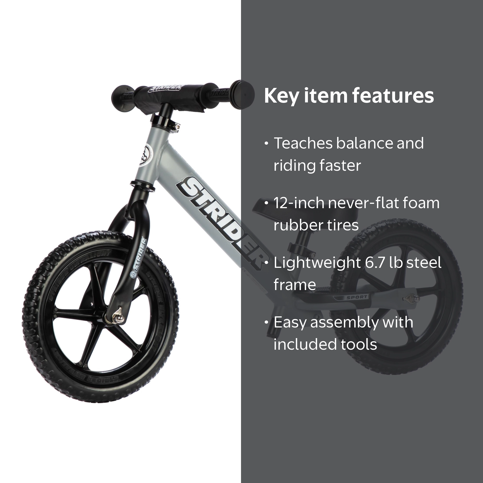 Strider 12‚Äù Sport Balance Bike, Matte Gray, Kids 1-4 Years, No