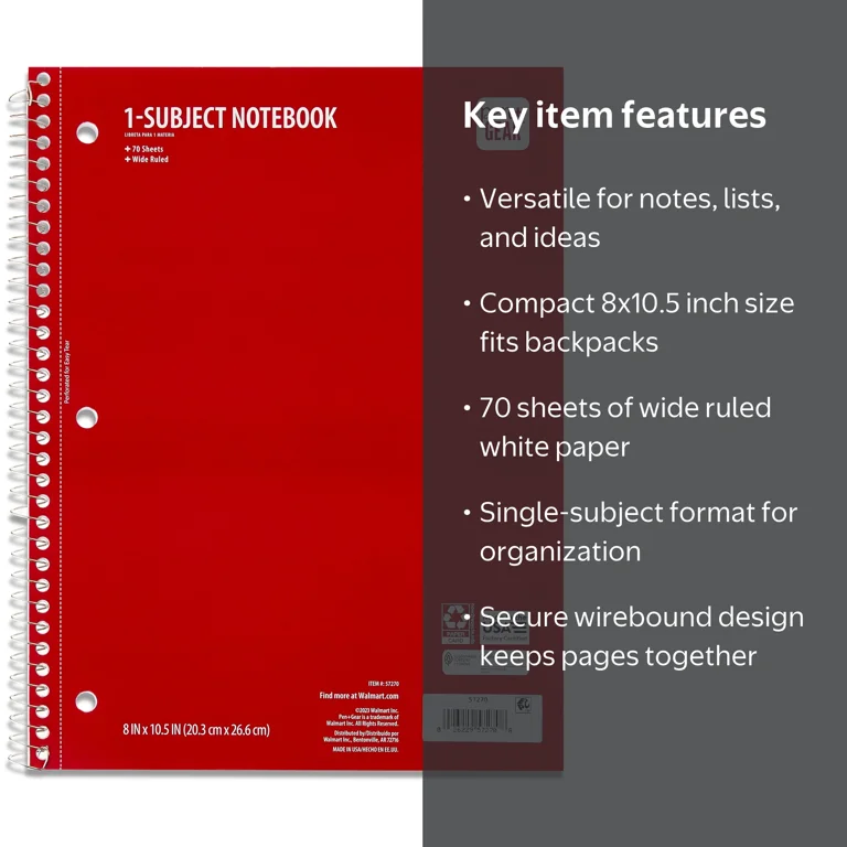 Pen+Gear Wide Ruled 1-Subject Wirebound Notebook, 8 in x 10.5 in Pen+Gear Wide Ruled 1-Subject Wirebound Notebook, 8 in x 10.5 in