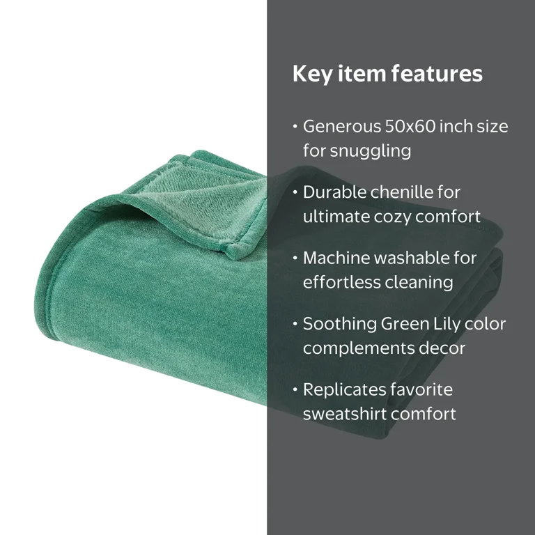 Mainstays Cozy Sweatshirt Chenille Throw Blanket, Green Lily, 50