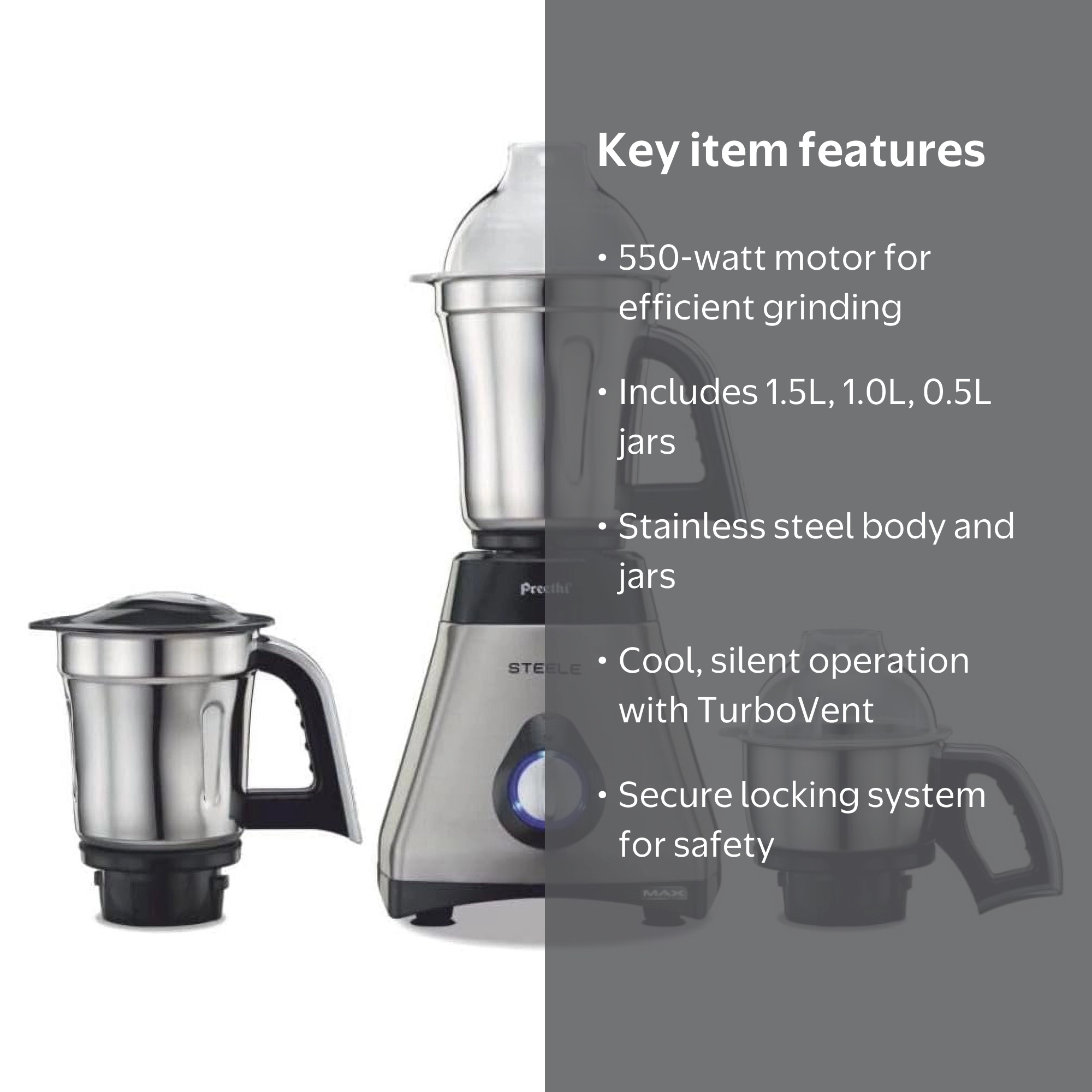 Preethi Steele 3-Jar Mixer Grinder, 550-Watt, Silver - Walmart.com