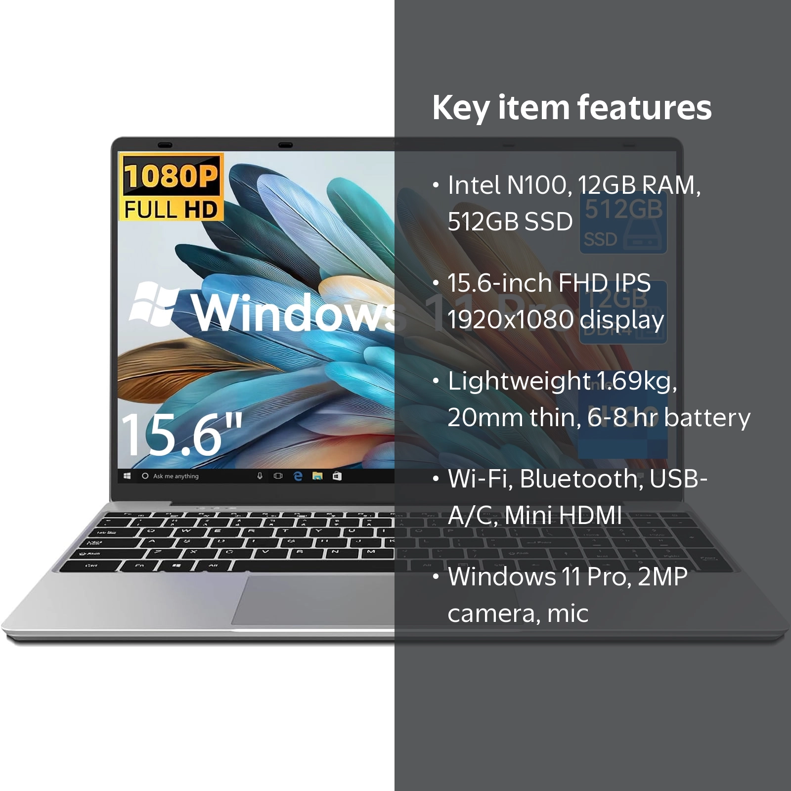 Windows 11 Pro Laptop 15.6inch, 12GB RAM 512GB SSD, 12th Gen Intel