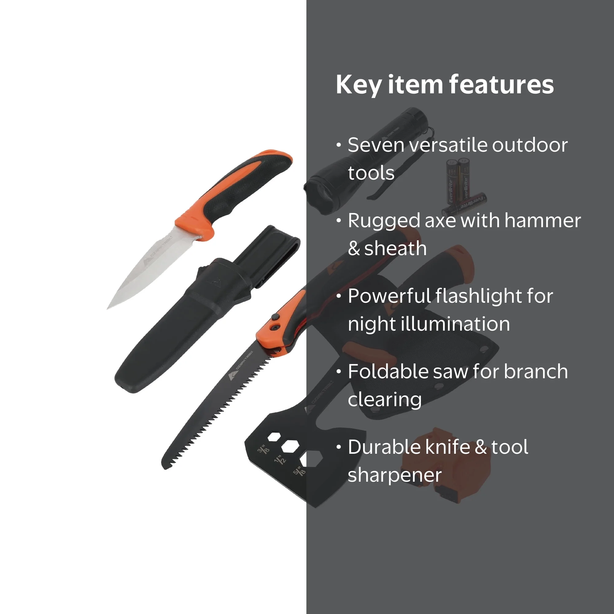 Ozark Trail Camping Tool Set with Hammer, Axe, Flashlight, Knives