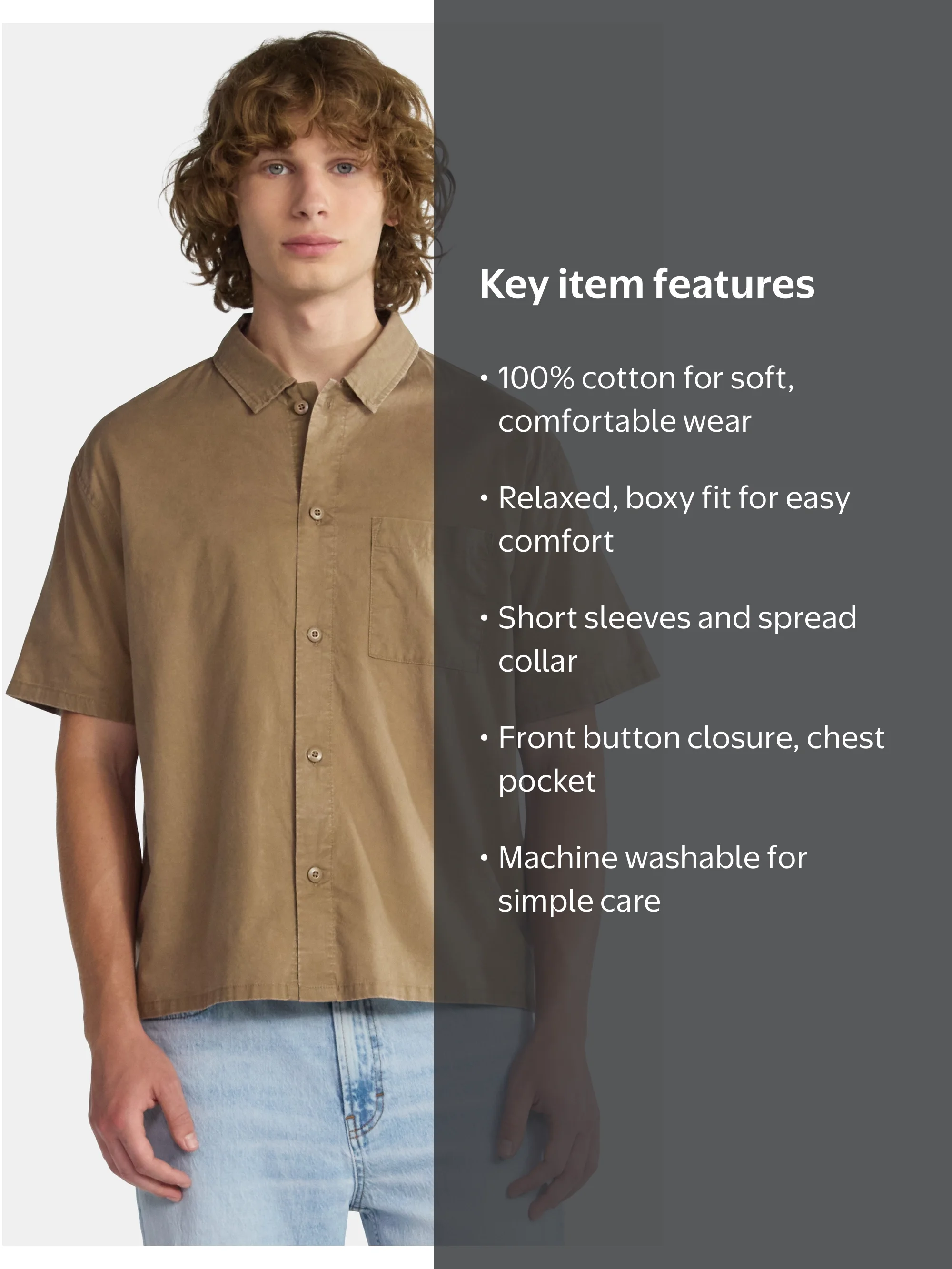 No Boundaries Boxy Button Down Shirt with Short Sleeves, Men's and