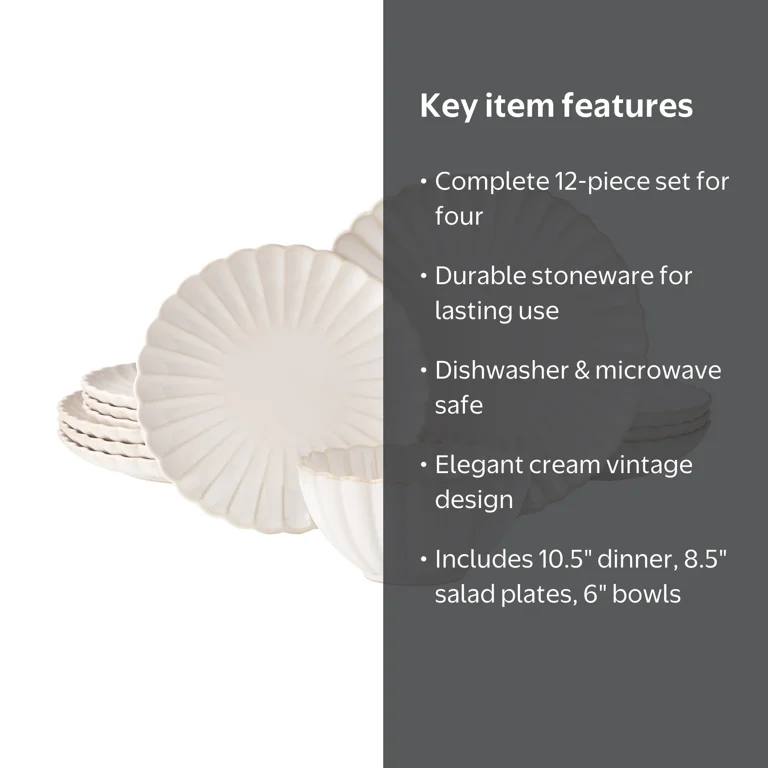 The Pioneer Woman Colette 12-Piece Stoneware Dinnerware Set, Cream