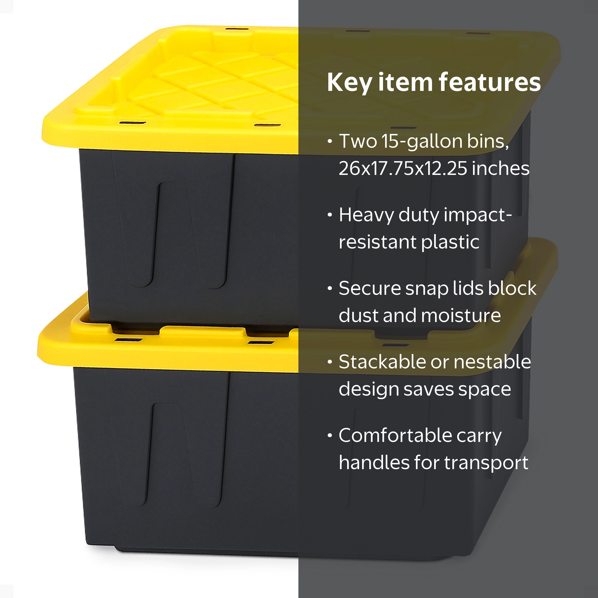 Homz Open Box 15 Gal Durabilt Plastic Storage Bins, 2 Pack, Snap