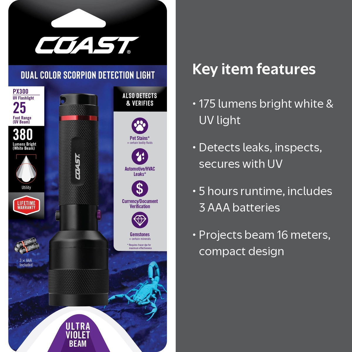 COAST PX300 White & UV LED Flashlight – 175 Lumens, 400NM UV, Dual