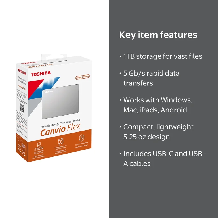 Toshiba, External Hard Drive, Canvio Flex 1TB, Portable Silver