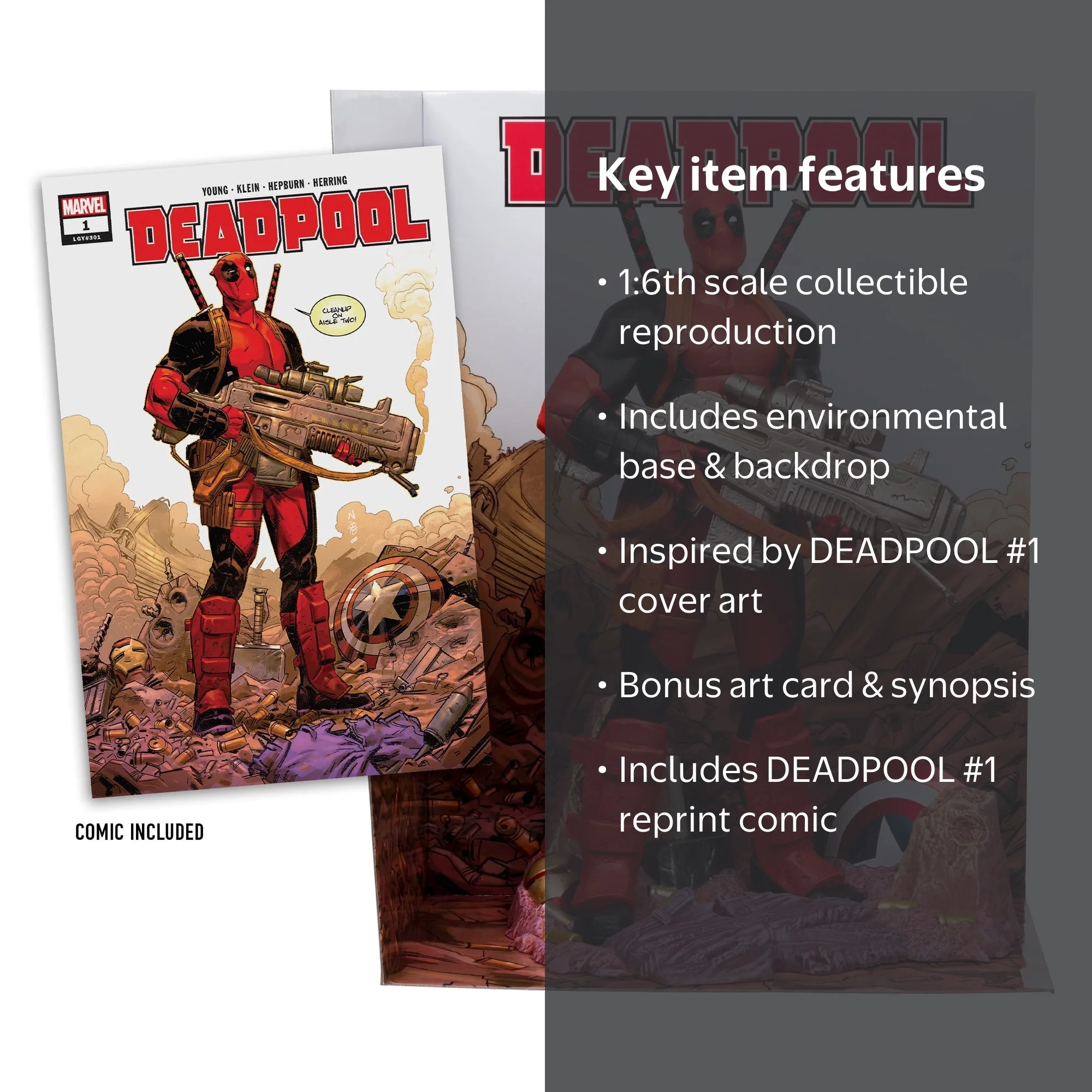 McFarlane Toys – Coleccionable Deadpool Escala 1:6 Con Escenario Y Cómic #1 – Figura De Acción Marvel Con Base Ambiental Y Tarjeta De Arte