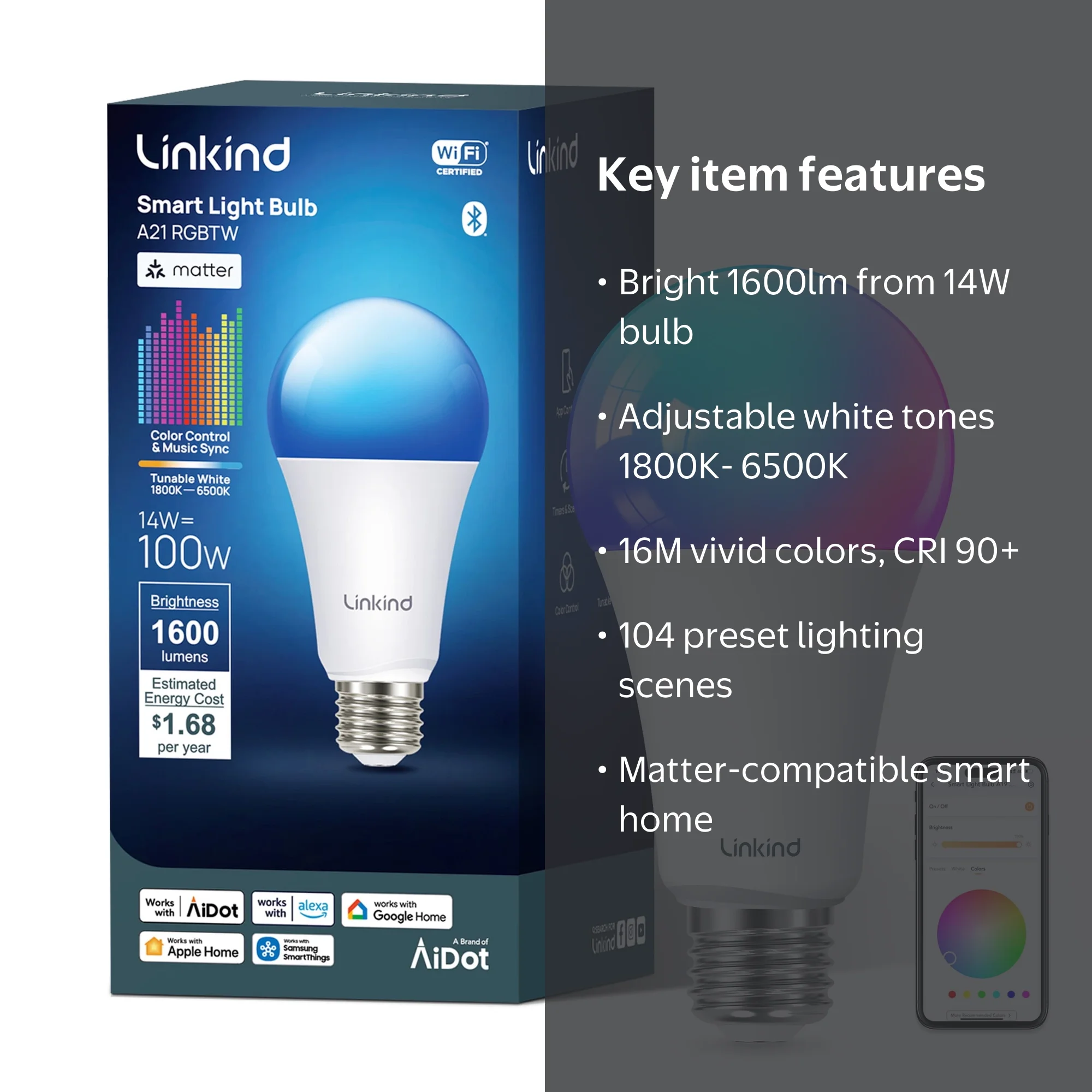 Linkind A21 Matter Smart Light Bulb, Color Changing Smart Bulb