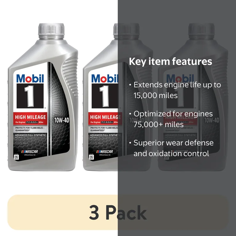 3 pack) Mobil 1 High Mileage Full Synthetic Motor Oil 10W-40, 1