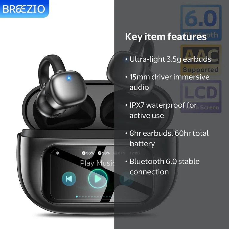 Breezio, Open-Ear Wireless Earbuds, Touchscreen Case, Titanium
