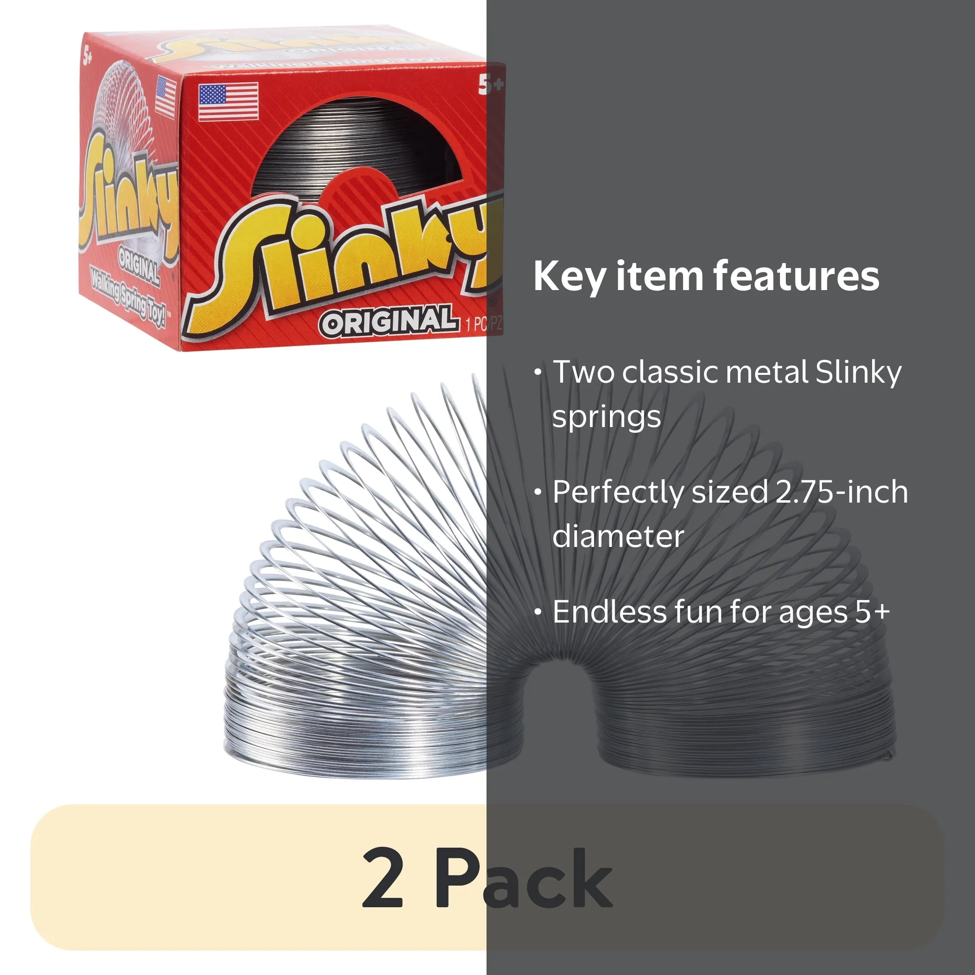 2 pack) The Original Slinky Walking Spring Toy, Metal Slinky, Ages