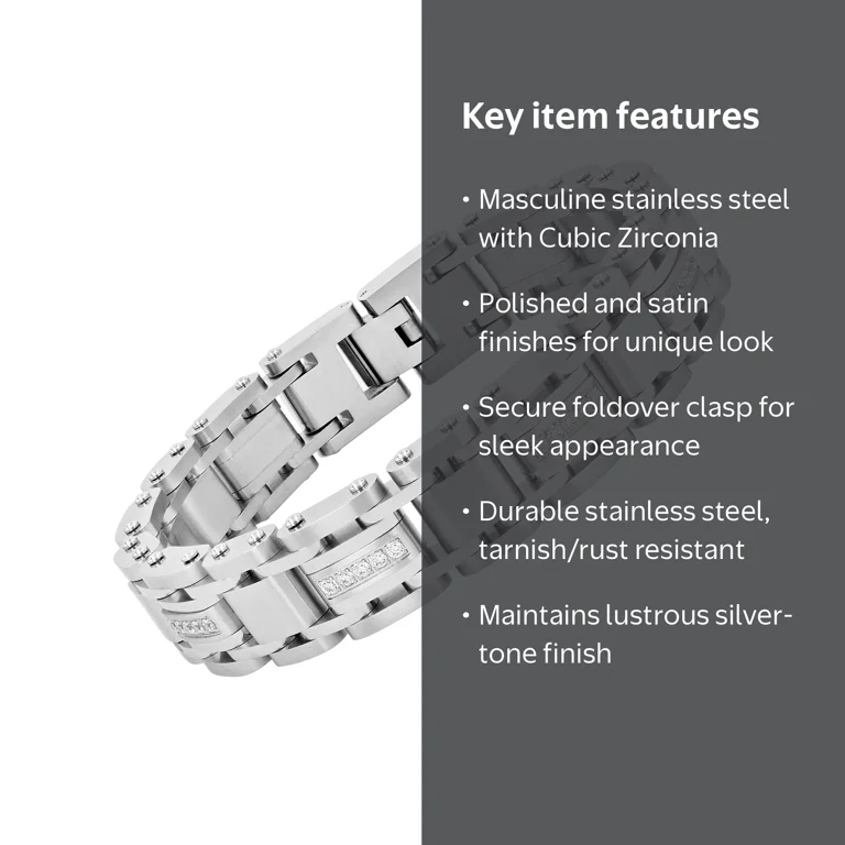 Men's Silver-Tone Stainless Steel Cubic Zirconia Bracelet