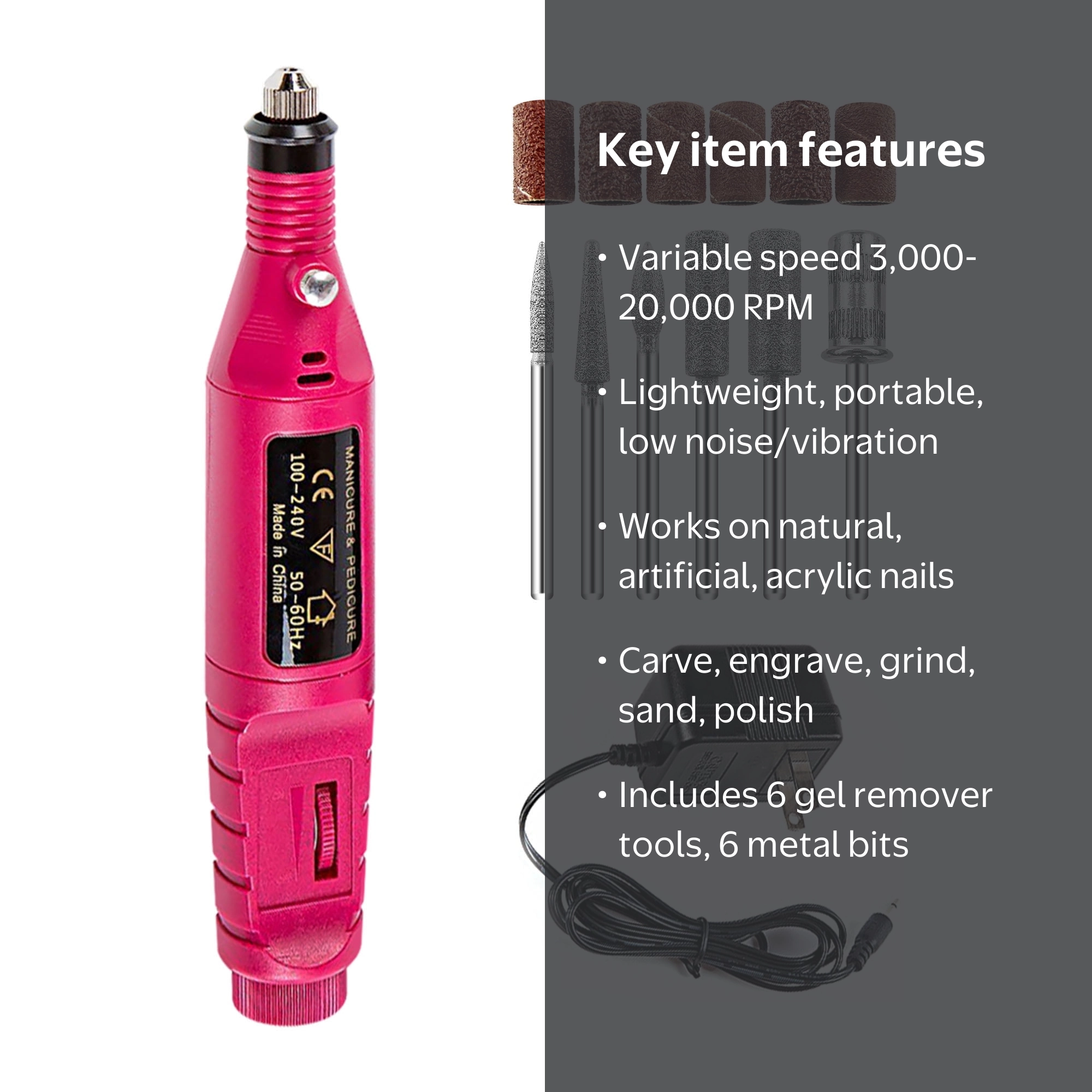 Pinkiou, Electric Nail Drill Machine, 20000 RPM, Portable Pedicure