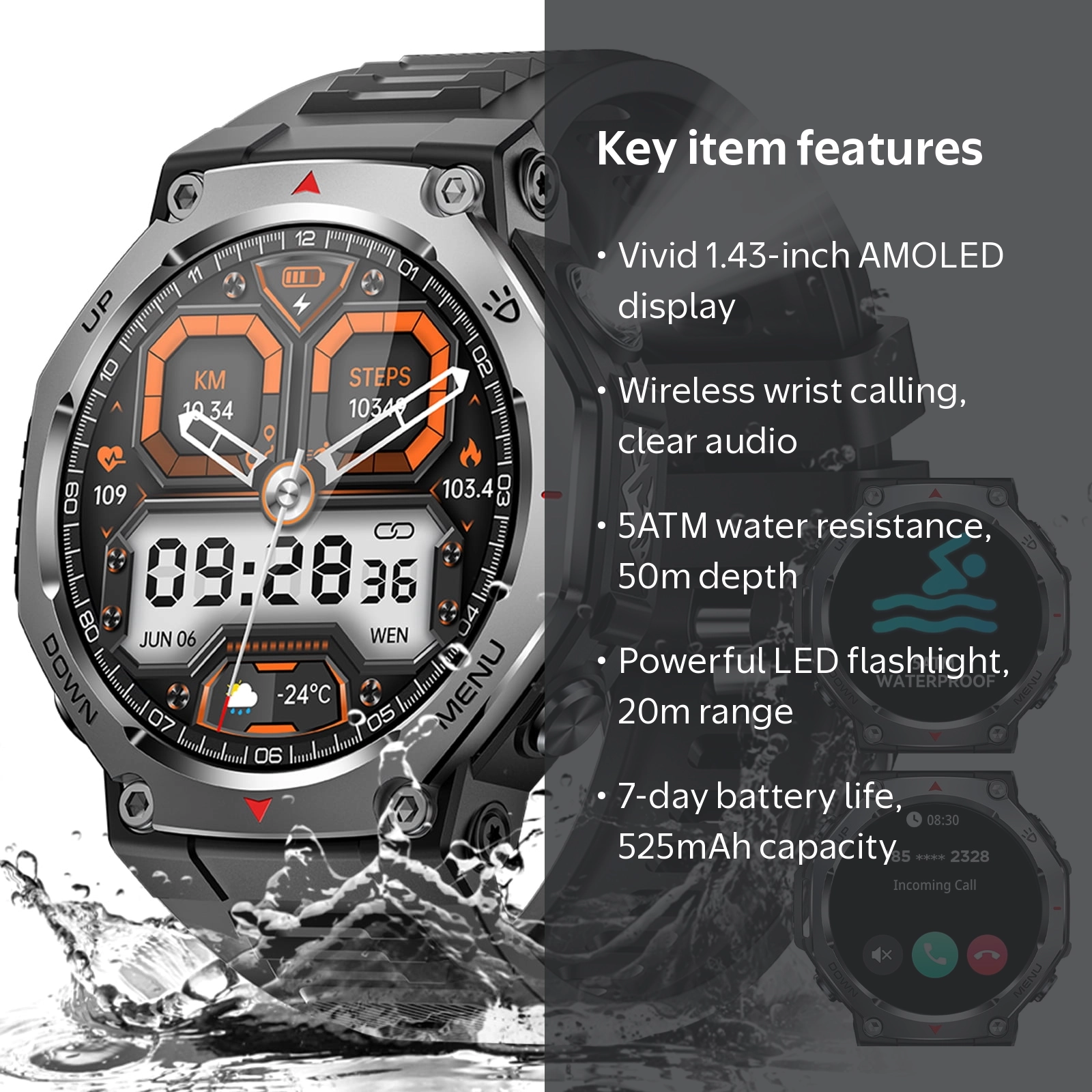 Cyberdyer KT85 Smartwatch for Man with Flashlight, 5ATM Waterproof
