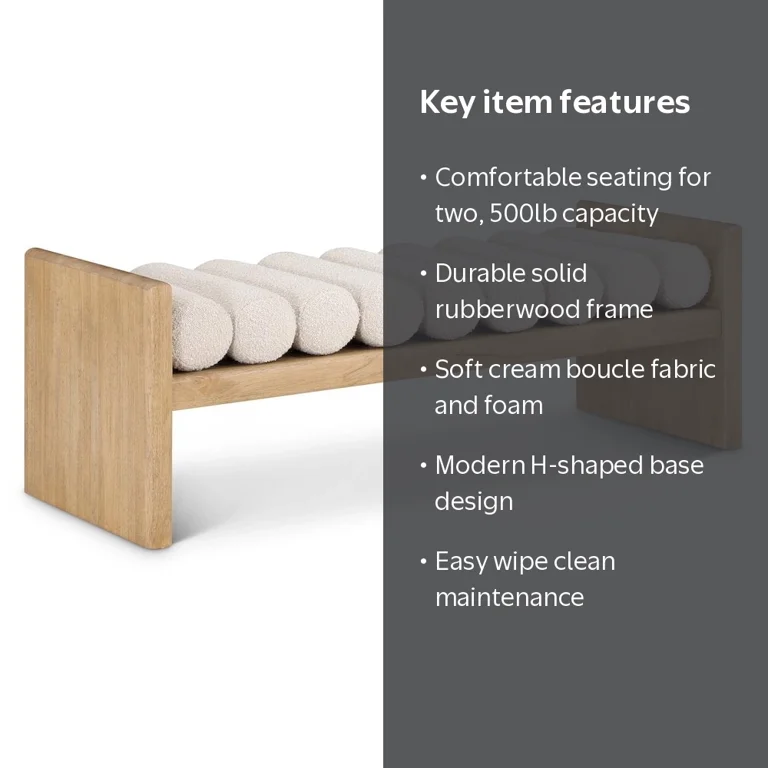 Meridian Furniture Waverly Cream Boucle Fabric Bench, 52