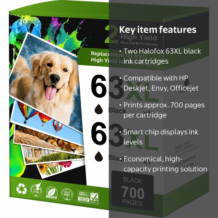 Halofox 63XL Black Ink Cartridges, Compatible with HP 63 Ink Halofox 63XL Black Ink Cartridges, Compatible with HP 63 Ink