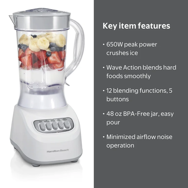 Hamilton Beach Smoothie Blender, 48 oz BPA-Free Jar 650 W 12