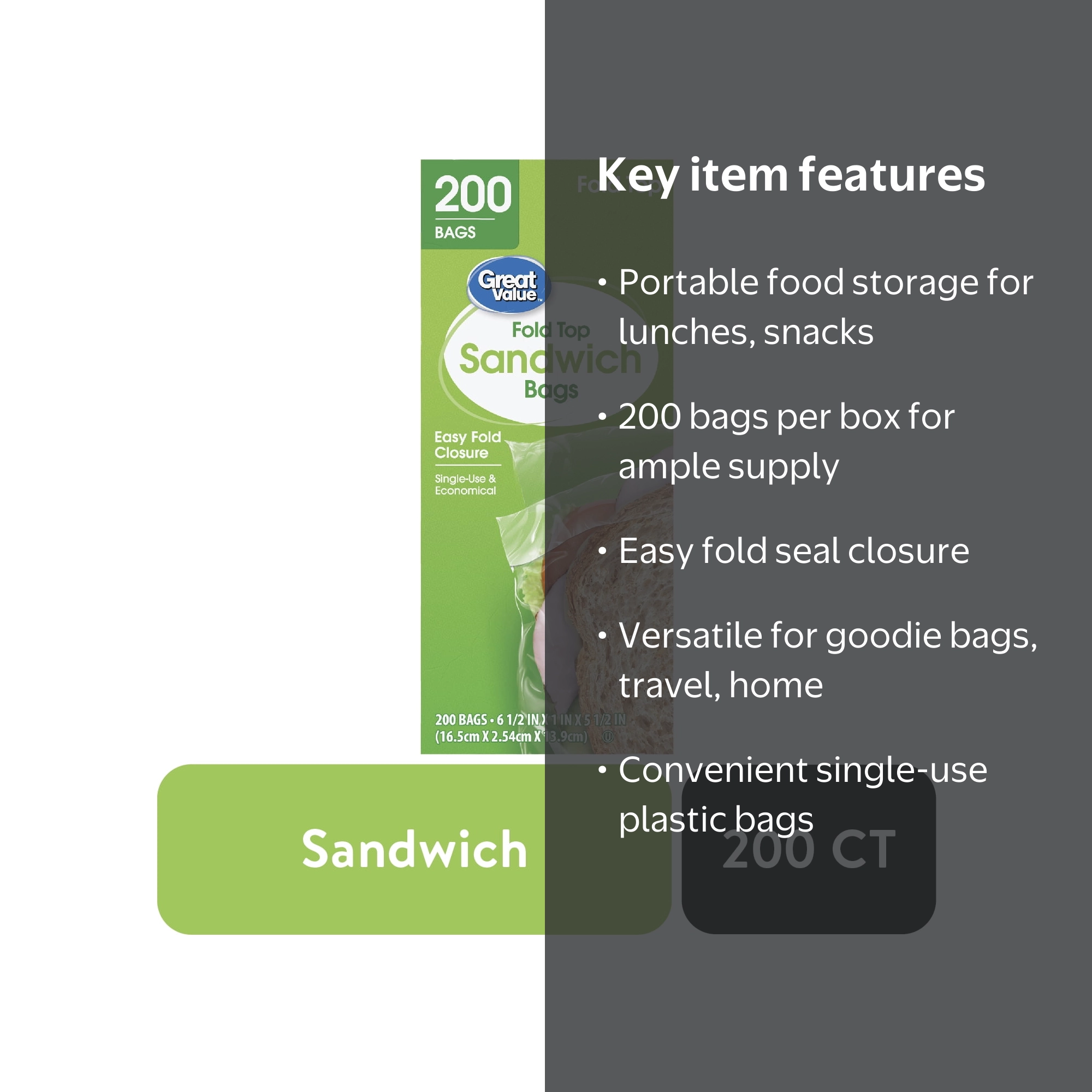 Great Value Fold Top Sandwich Bags, 200 Count, Plastic, Single Use
