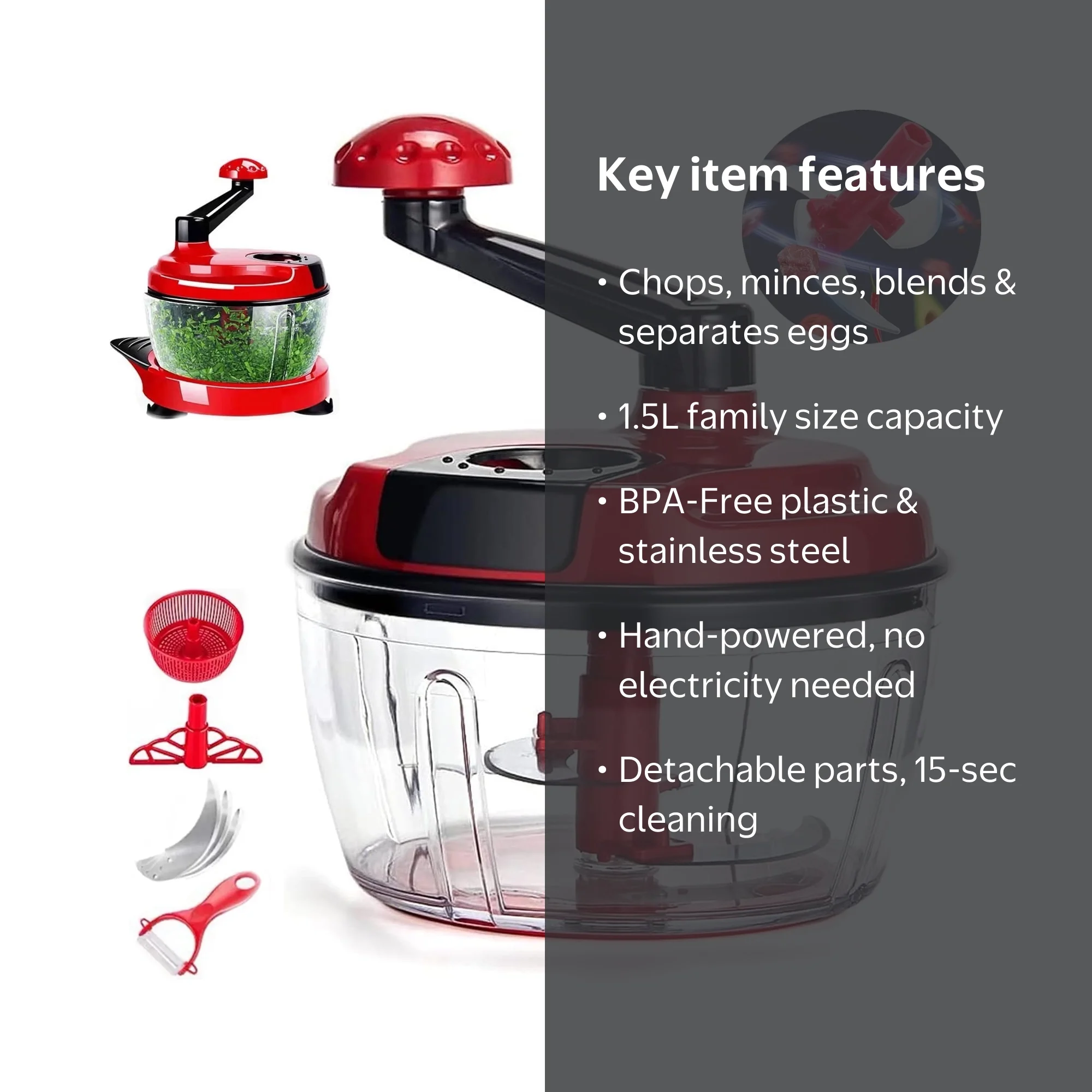 OhhGo Multi-Functional Manual Food Processor, 8 Cup Hand-powered