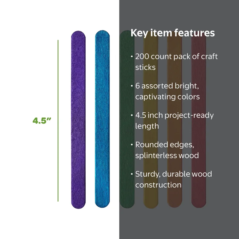 GUSTO, Colored Craft Sticks, 4.5 inches, Assorted Colors, 200