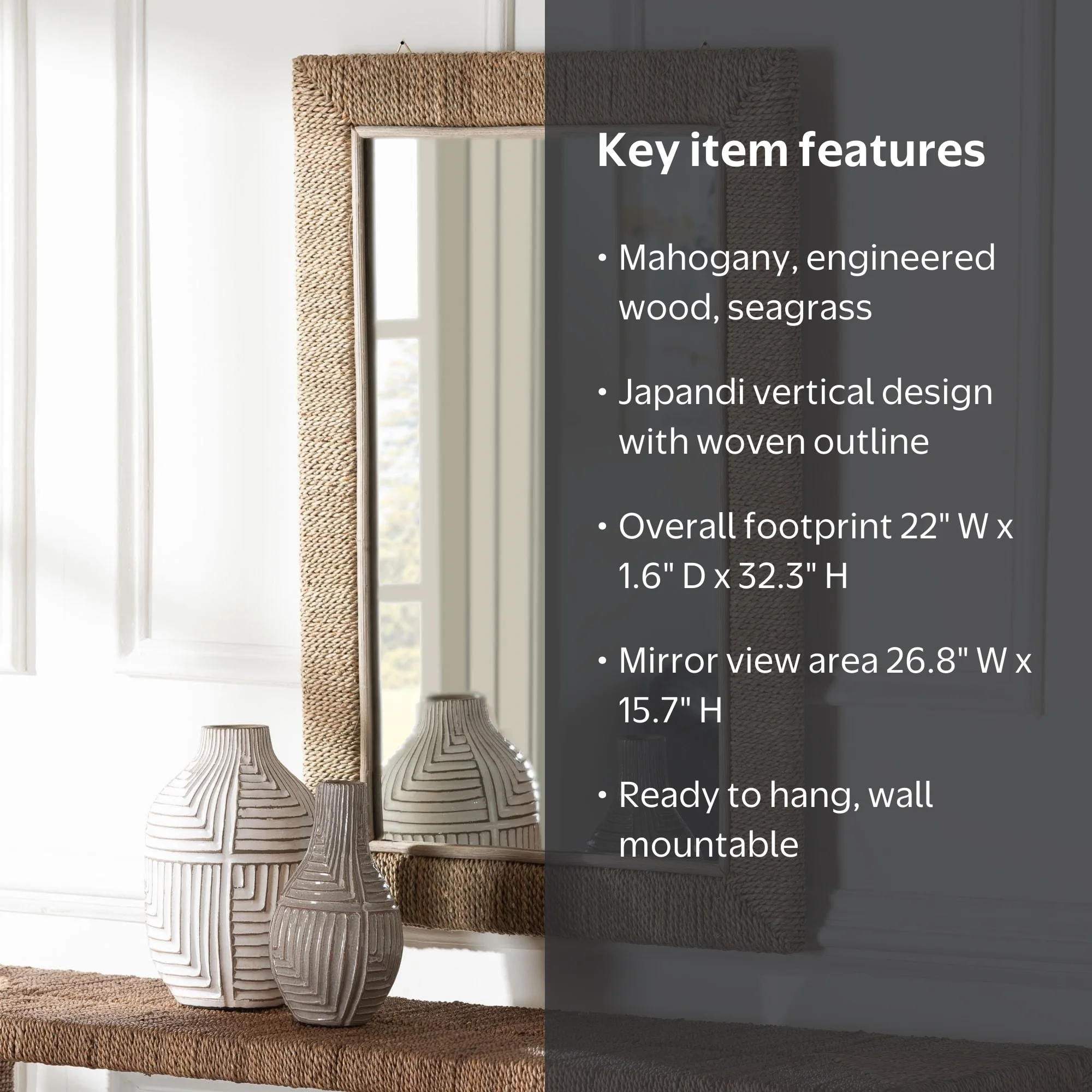 bali & pari Geralyn Japandi Mirror, Rectangle, Natural Seagrass