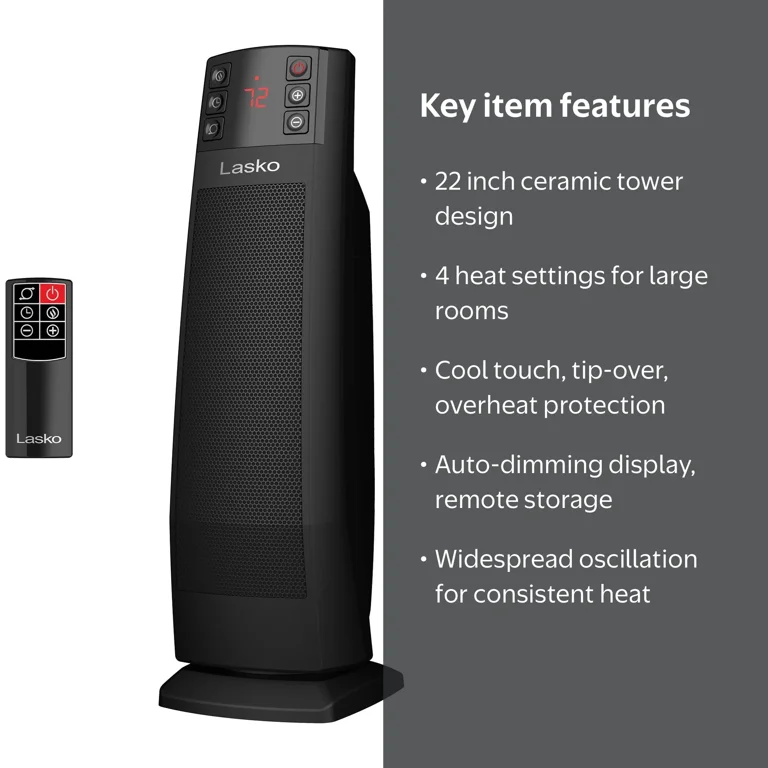 Lasko 22” Oscillating Electric Ceramic Tower Space Heater, Tip