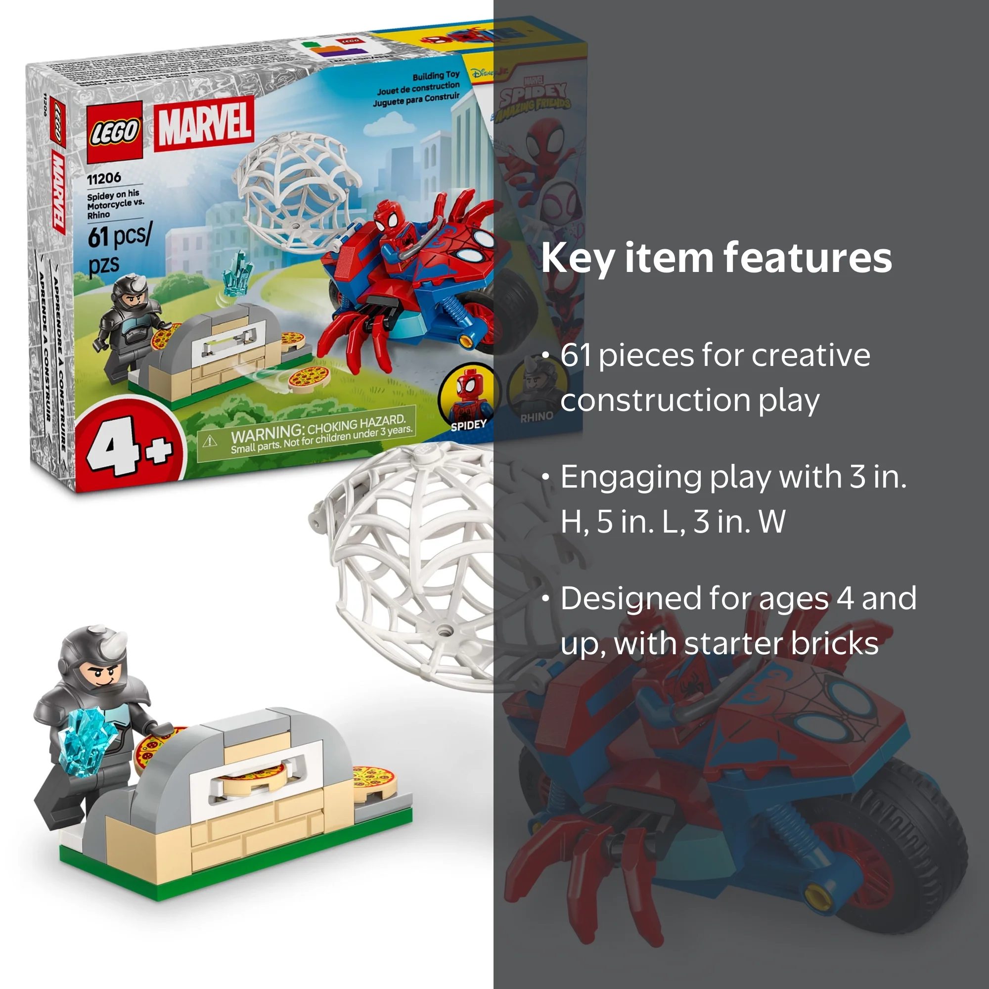 スパイディー LEGO, Marvel Spidey on Motorcycle vs Rhino, 11206, for Kids 4+