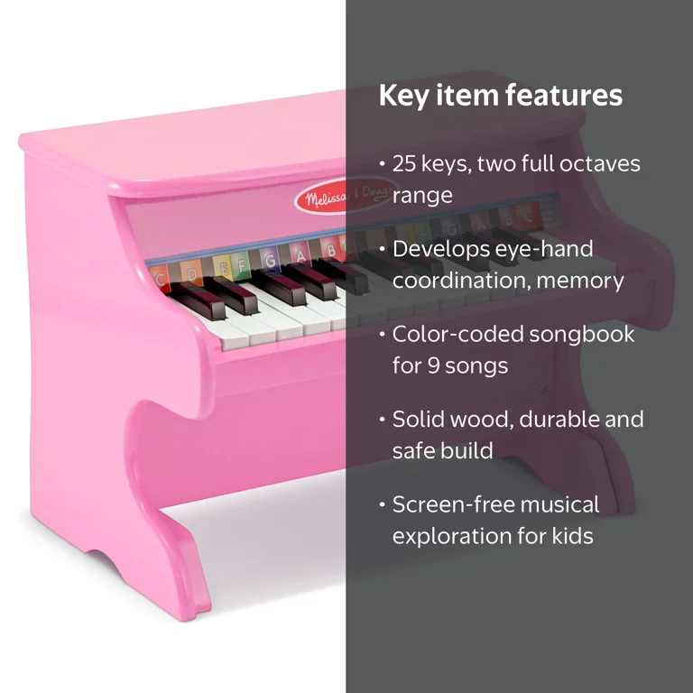 Melissa & Doug Learn-to-Play Pink Piano, 25 Keys, Color-Coded
