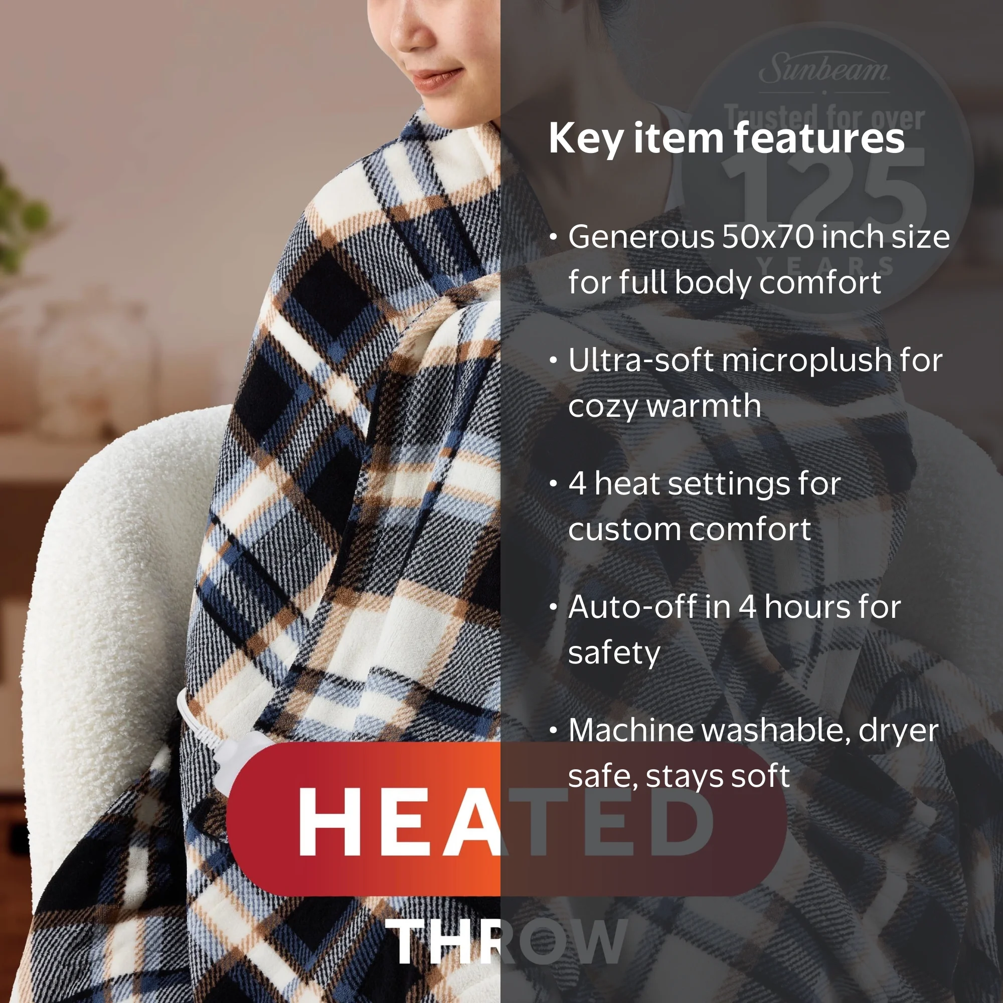 Sunbeam Electric Heated Throw Blanket Black Plaid Microplush 4