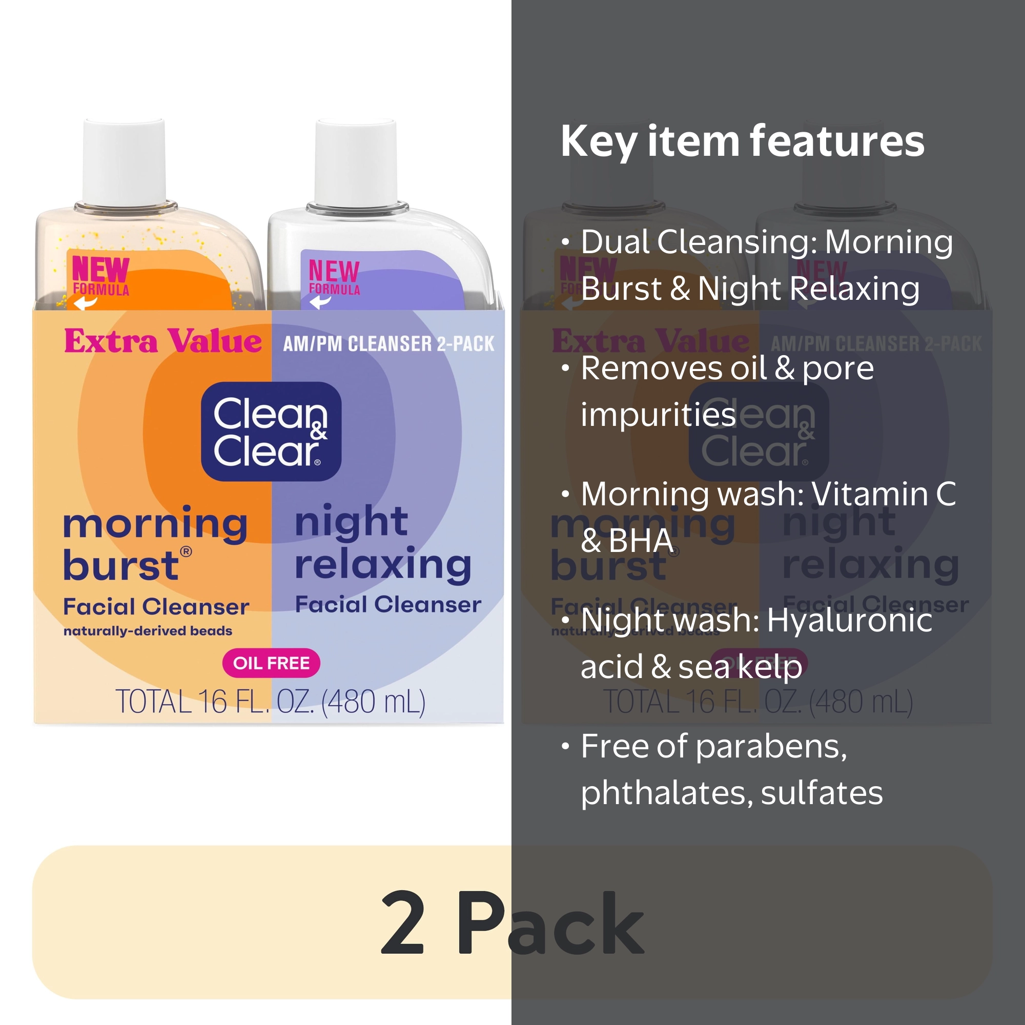 2 pack) Clean & Clear Day and Night Acne Face Wash, Oil-Free, 8 fl