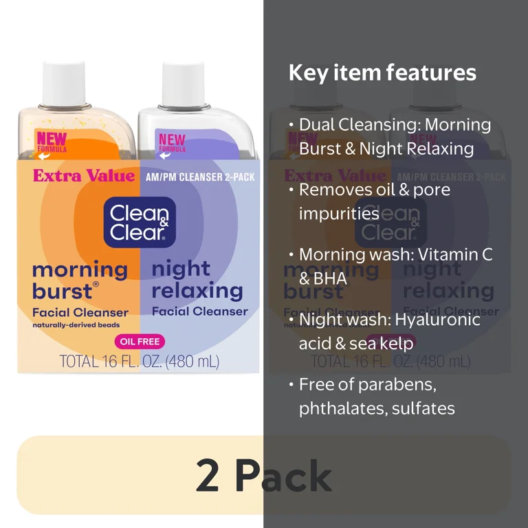 2 pack) Clean & Clear Day and Night Acne Face Wash, Oil-Free, 8 fl