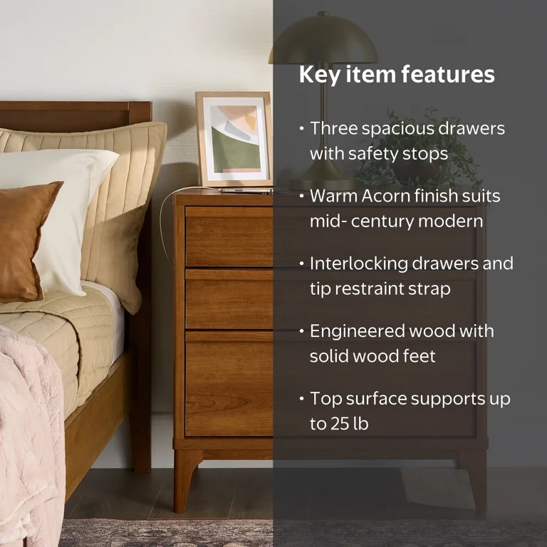 Better Homes & Gardens Greyson 3-Drawer Nightstand, Acorn Finish