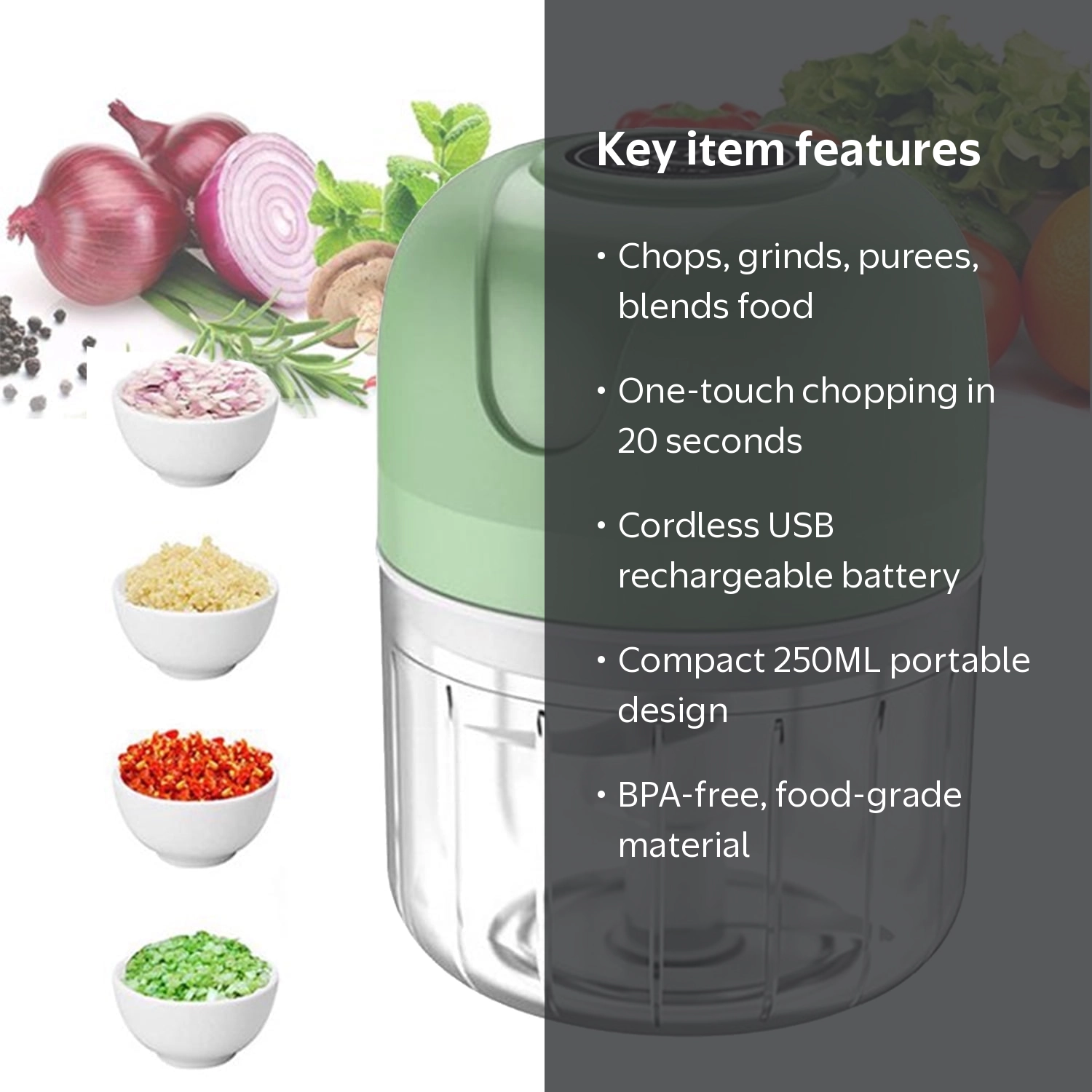 BN-LINK Electric Mini Garlic Chopper, 250ML Food Processor, USB