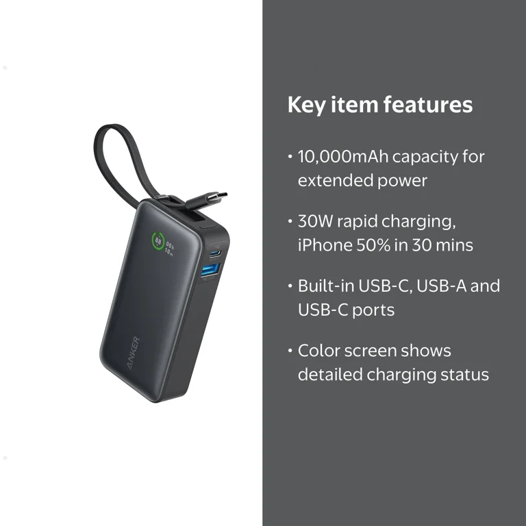 Anker Nano Power Bank, 10,000mAh, 30W Fast Charging, Built-in USB