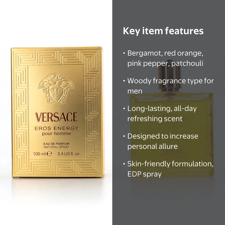 Versace Eros Energy Men 3.4 oz EDP Spray, Long Lasting Woody