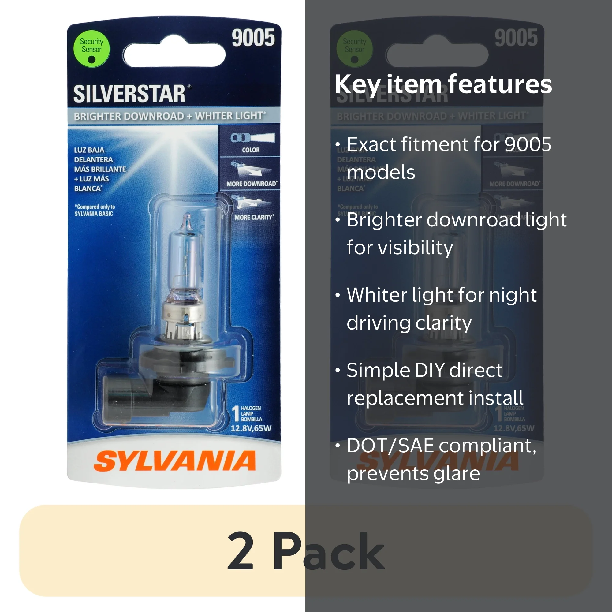 2 pack) Sylvania 9005 SilverStar Halogen Headlight Bulb, 1 Pack