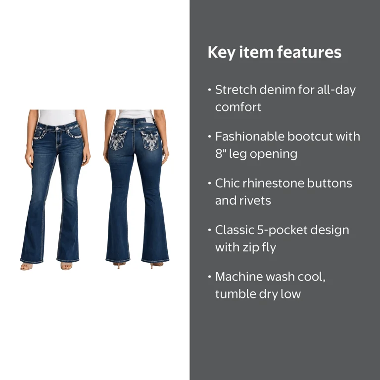 Jack David Rhinestone Studs Bootcut Jeans, Dark Wash Denim