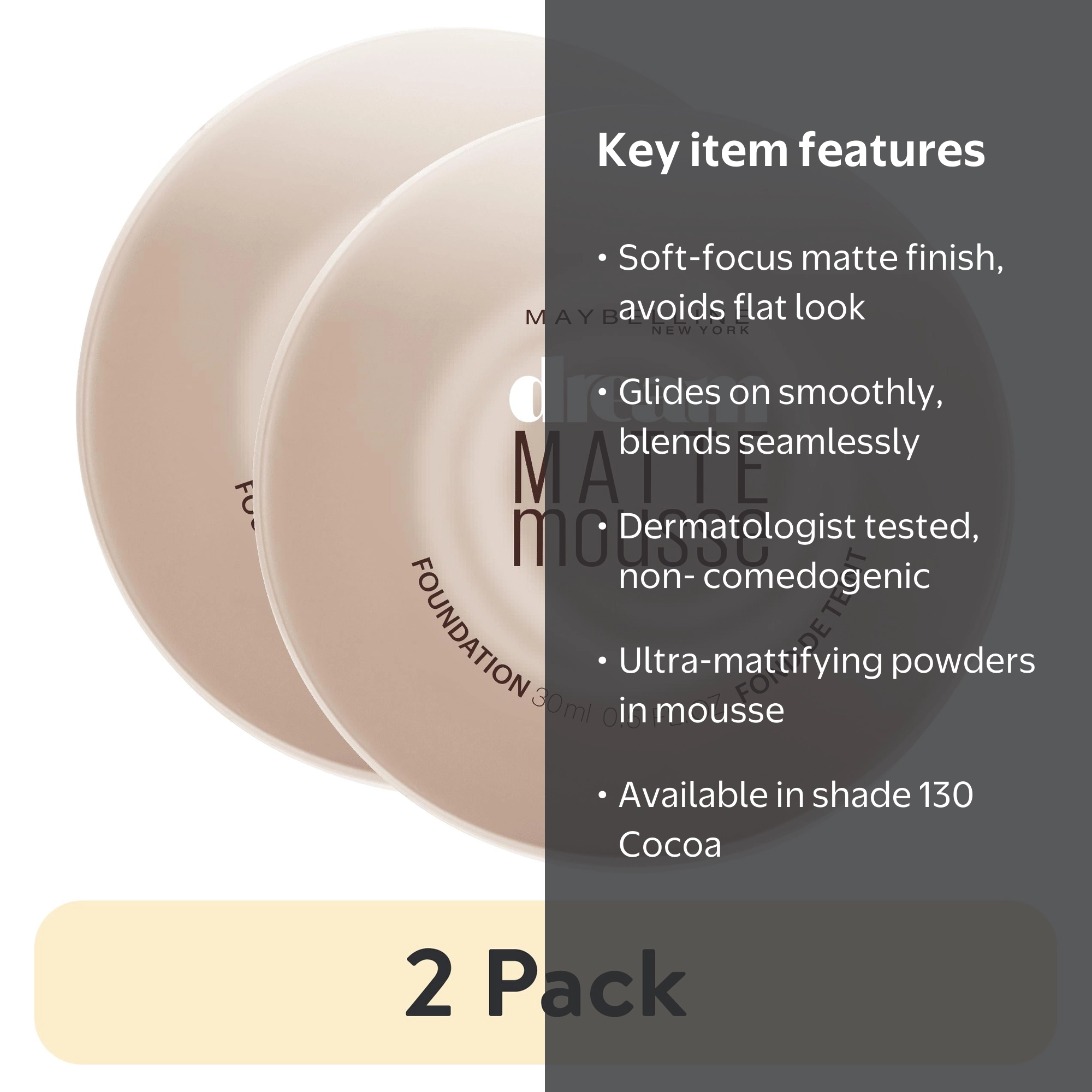 2 pack) Maybelline Dream Matte Mousse Foundation Makeup, 130 Cocoa