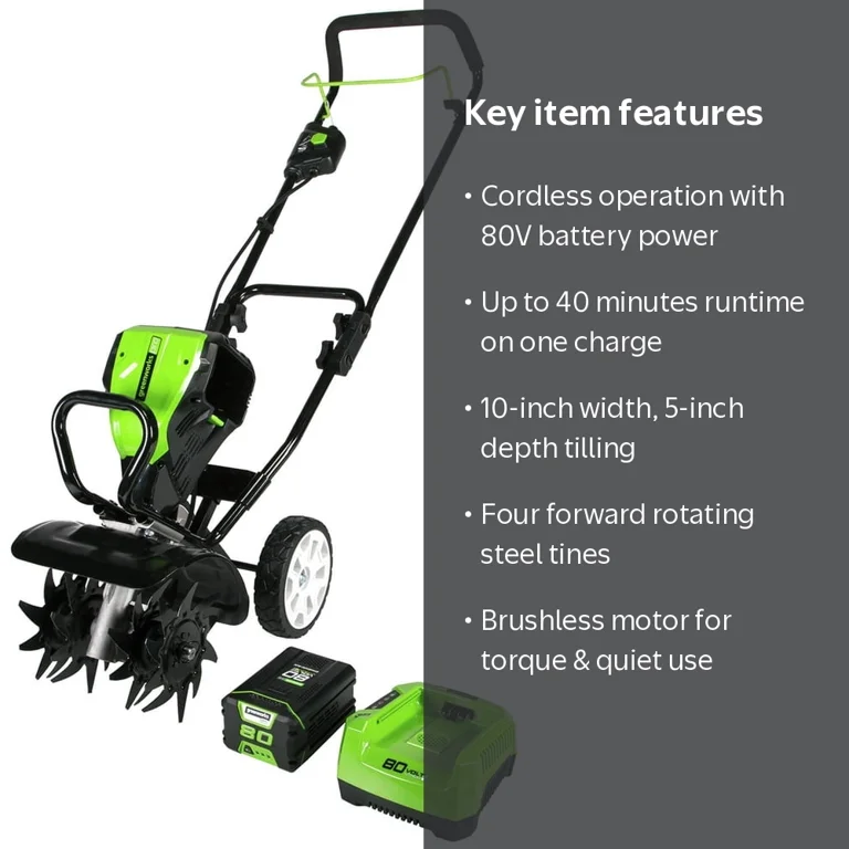 Greenworks, Tiller, 80V, 10-inch, Cordless, Battery Included