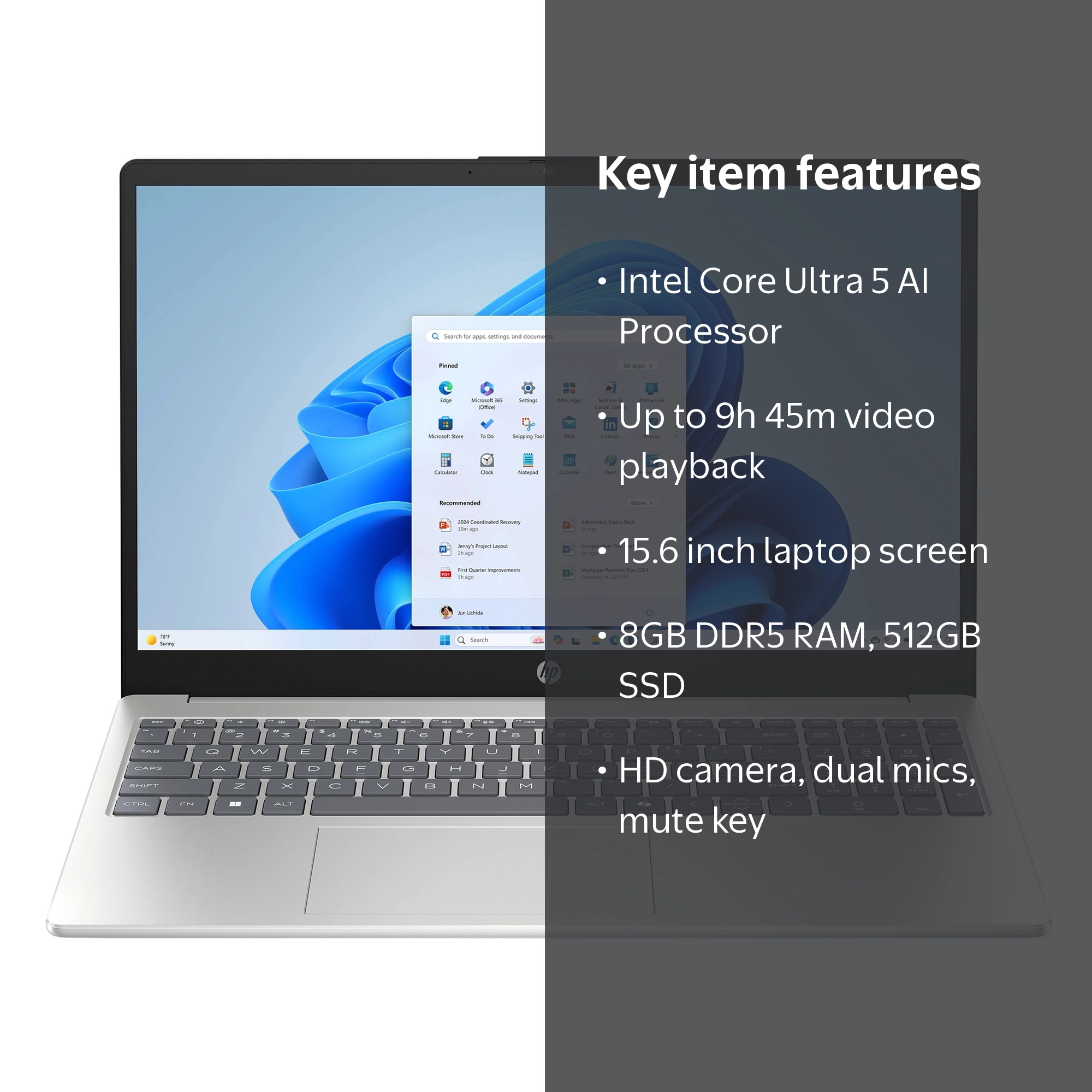 HP 15.6 inch HD Windows Laptop AI Intel Core Ultra 5 225U 8GB