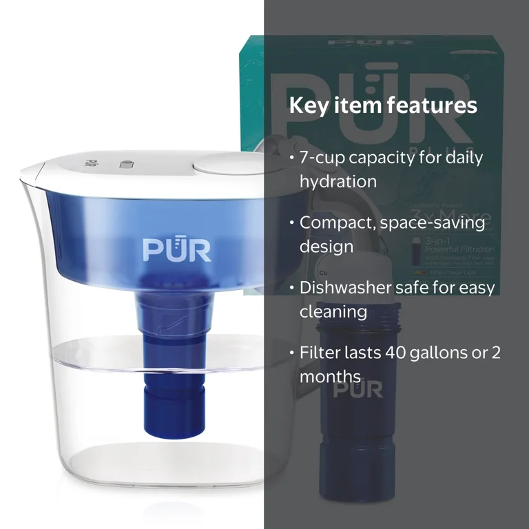 PUR PLUS 7 Cup Water Pitcher with Lead Reducing Filter, White, W