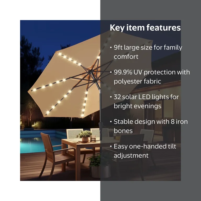 11 ft solar led lighted patio umbrella w tilt adjustment Striped w/ creating a charming atmosphere for your patio 9ft Solar Polyester 32 LED