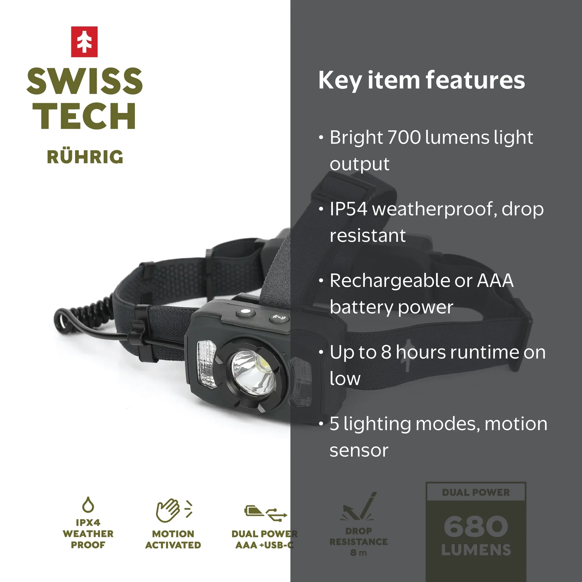 Swiss Tech Rechargeable LED Headlamp, IP54 Weatherproof, Drop
