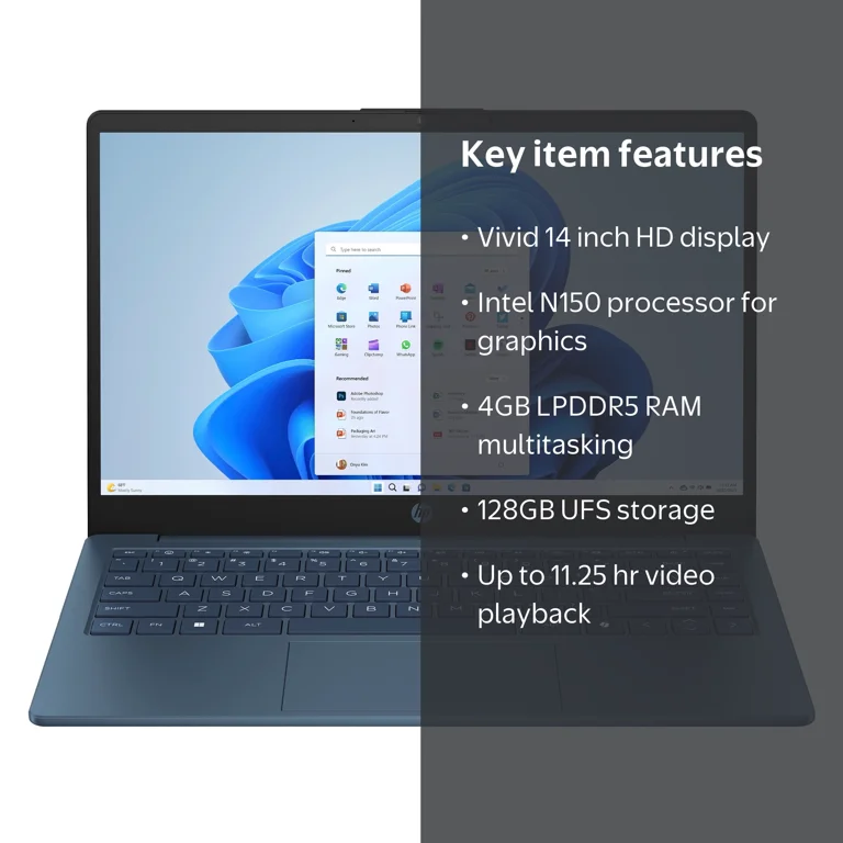 HP 14 inch HD Windows Laptop Intel Processor N150 4GB 128GB UFS