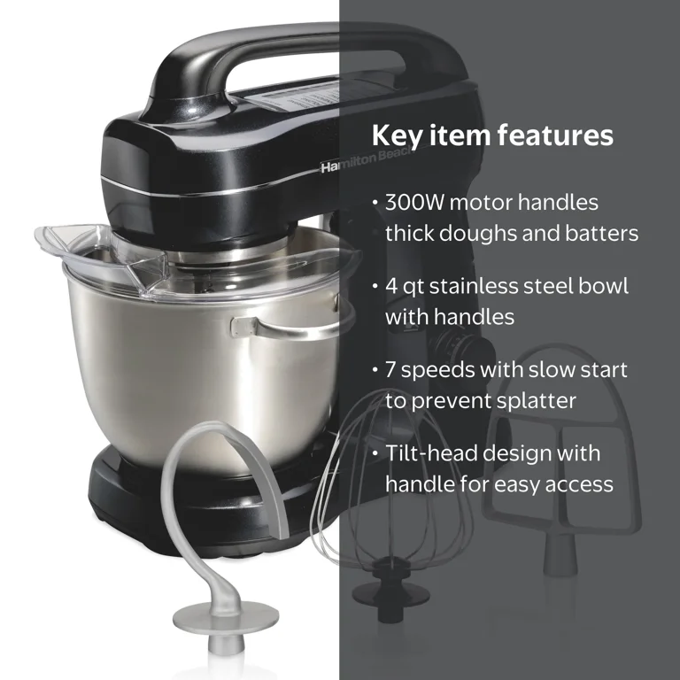 Hamilton Beach 4 Quart Stand Mixer for Kitchen, 7 Speeds, Tilt